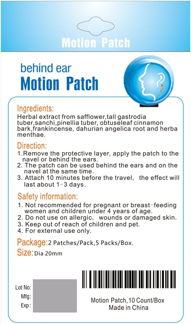 MQ Motion Sickness Patch,10 Count,Non Drowsy Sea Sickness Patches Behind Ear for Cruise Ship Travel, Waterproof Car Sick Patches Fast Acting & Long Last 72H