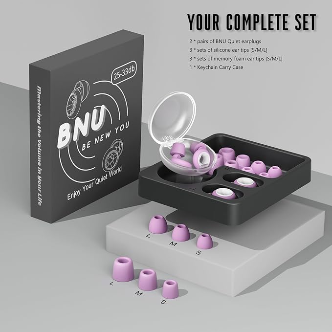 Concert Ear Plugs, 2 Pair BNU High Fidelity Noise Cancelling Earplugs Hearing Protection for Musicians,Festivals,Raves Sleep, 25-33db Noise Reduction 6 Pair Reusable Foam＆Silicon Tips in S/M/L Purple