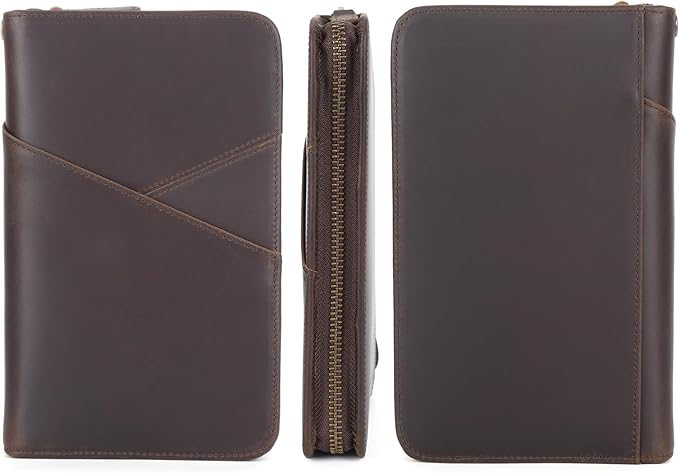 Polare Full Grain Leather Passport Holder With YKK Zipper RFID Blocking Travel Document Organizer Ticket Holder Cover Case Holds 2 Passports (Dark Brown with AirTag Slot)