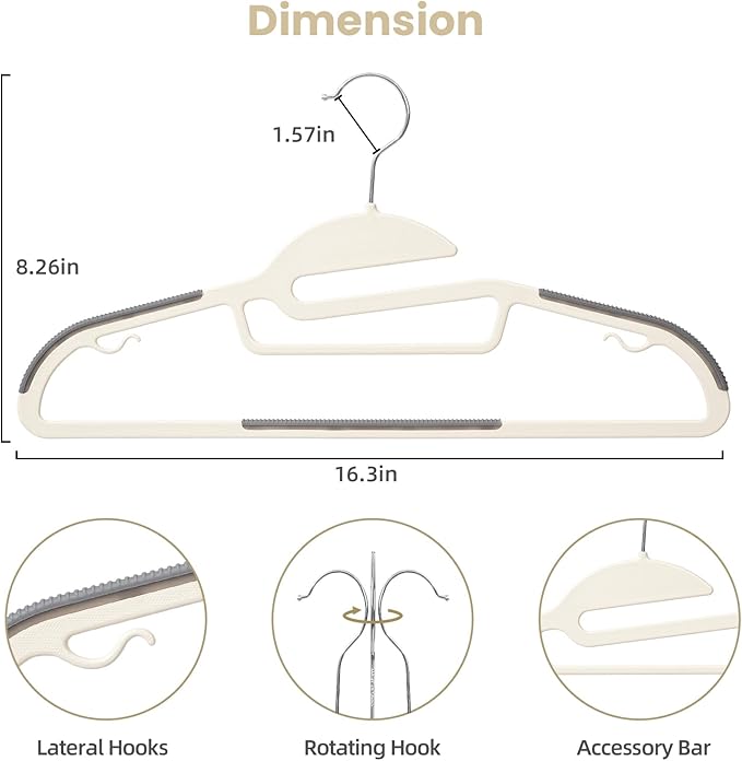 BAGAIL Plastic Hangers 50 Pack with Non-Slip Design,0.2 Inches Thick, 360°Swivel Hook Space Saving Organizer for Bedroom Closet,Shirts,Pants(Beige- S Shaped)