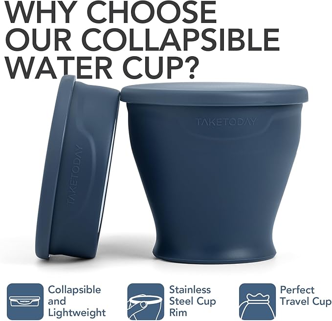 TakeToday Collapsible Travel Cup - Silicone Foldable Water Cup, BPA-Free with Lid & Waterproof Bag - Drinking Cup Set for Camping, Outdoors & International Travel（8 Oz, Navy）