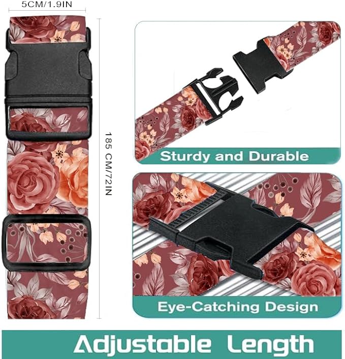 Luggage Straps for Suitcases Travel Belt Accessories, Cute Suitcase Strap, Adjustable Luggage Belt Strap, Heavy Duty with Quick-Release Buckle Luggage Strap Luxury Red Flowers