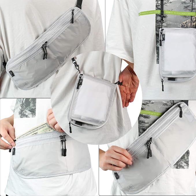 Travel Passport Holder 【1 PACK】2 in 1 Slim RFID Blocking Travel Money Belt for Men & Women, Hidden Neck Wallet for Credit Cards, Documents & Cash, Fanny Pack, MA-MO (Light Gray)