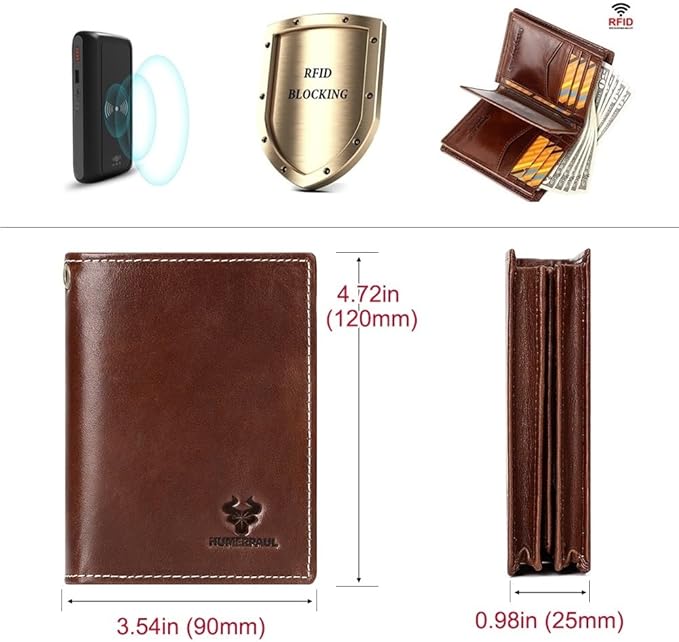 Holder for AirTag Men's Wallet Genuine Leather Purse RFID Blocking Bifold with Anti-Theft Chain,Brown with Gift Box (Brown)
