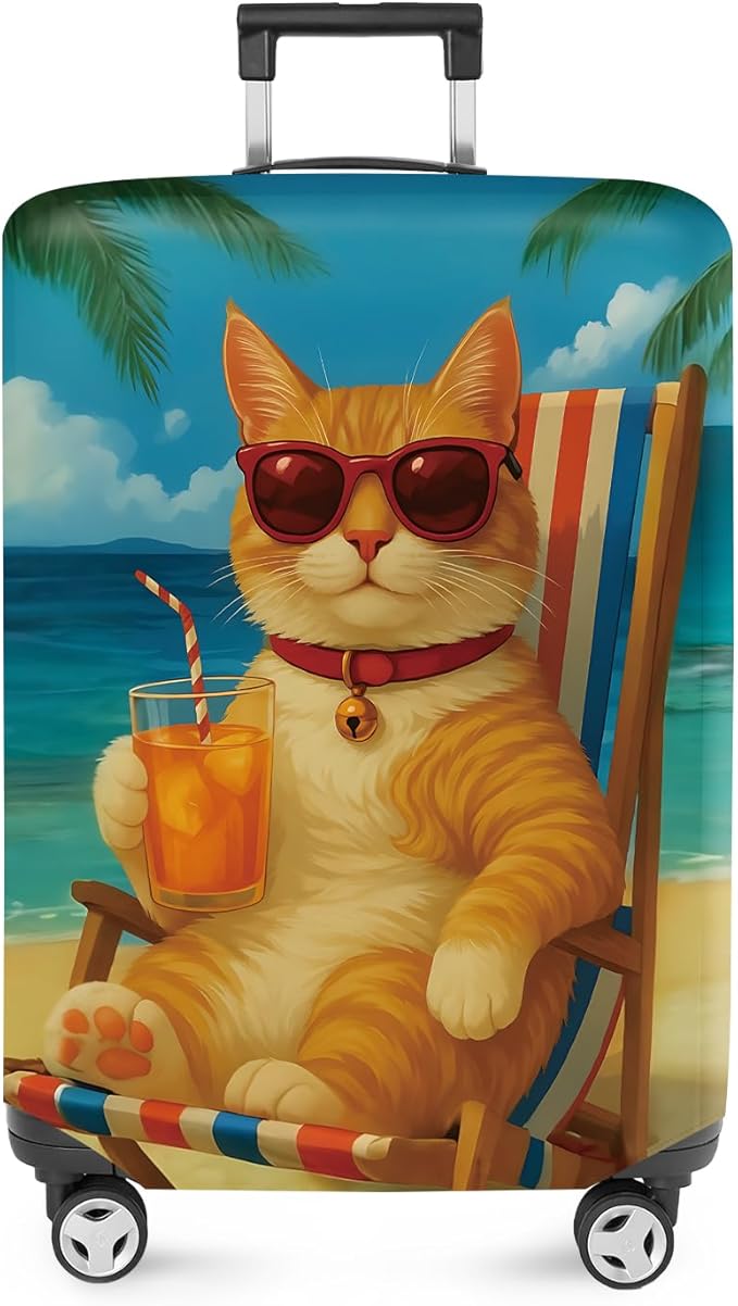 ANNA QUEEN Summer Cat Luggage Cover, Cat in Sunglasses with a Beach Drink, Stretchable, Washable Travel Protector for 32-34 Inch Suitcases