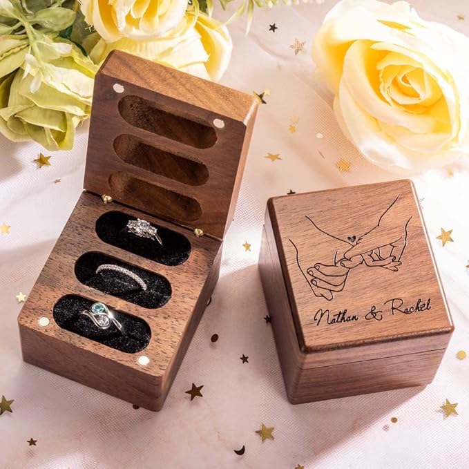 Custom Engraving Ring Gift Box Wooden Presentation Jewelry Box Case with 3 Ring Slots for Proposal Engagement Wedding Ceremony Birthday Gift