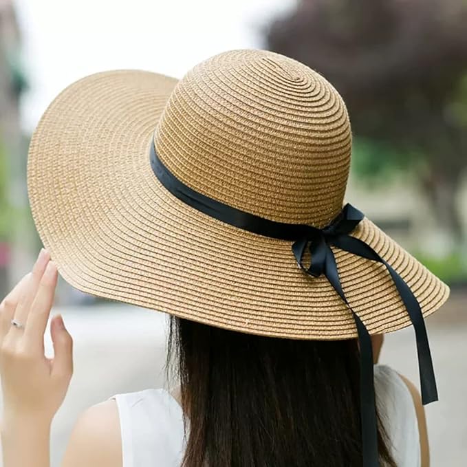 DRESHOW Beach Hats for Women Big Straw Wide Brim Summer Hat Floppy Foldable Roll up Cap Sun Hat UPF 50+