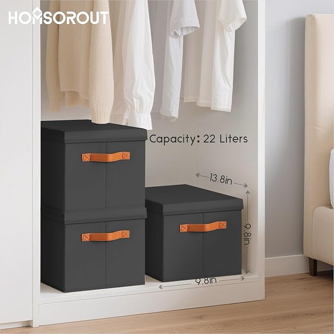 Storage Bins with Lids - Fabric Storage Baskets for Shelves, 4 Pack Foldable Decorative Boxes with Handles, Stackable Organizer Bins for Home, Nursery, Dorm, Black