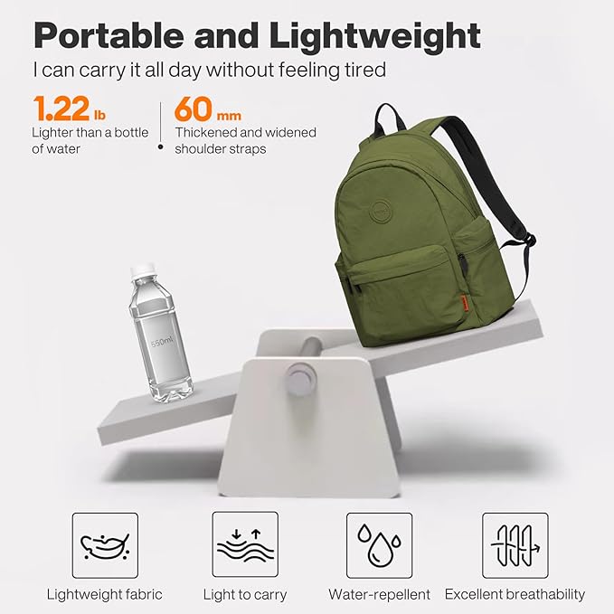 mixi Outdoor Lightweight Backpack Casual Carry On Laptop Backpack Travel Bookbag for Women Men, Water Resistant Durable Small Hiking Bag for Camping Weekender Sports College Work, 15 Inch Jungle Green