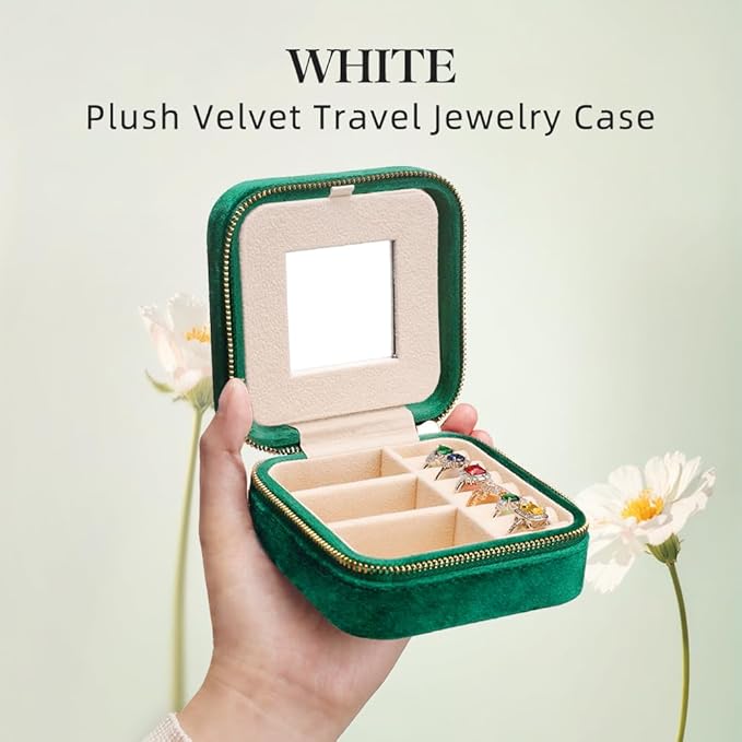 TAIMY Plush Velvet Travel Jewelry Box, Small Travel Jewelry Case, Portable Mini Jewelry Travel Organizer Boxes for Rings Earrings Necklaces Bracelets(Emerald Green,with Mirror)