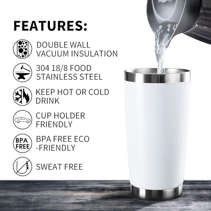 20oz Tumbler Bulk Stainless Steel Vacuum Insulated Tumblers with Lid Double Wall Travel Mug, Durable Powder Coated Coffee Cup, Suitable for Ice Drinks and Hot Beverage (White 12pack)