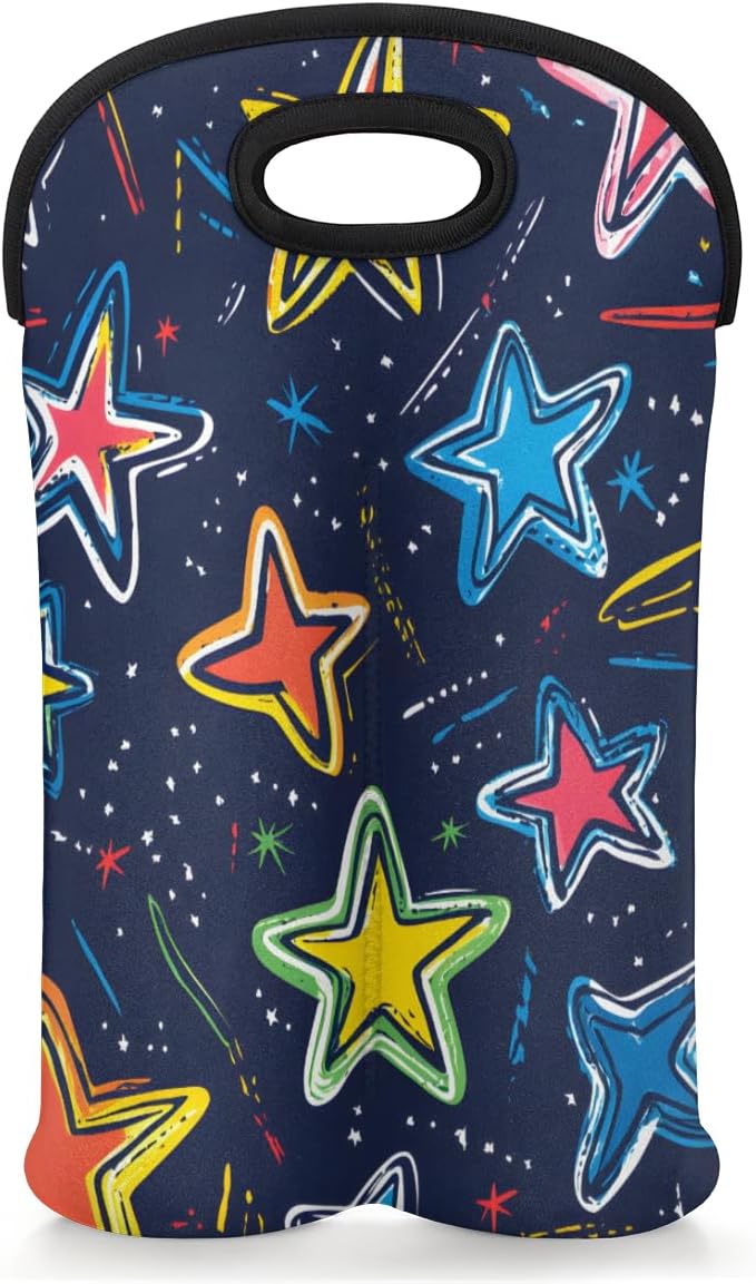 Neoprene Wine Tote, Bottle Carrier Gag Insulating Neoprene Thicker, Insulated Wine Bag for Travel Holds Two Bottles, Bottle Carrier Bags Protect the Bottles, Colorful Stars
