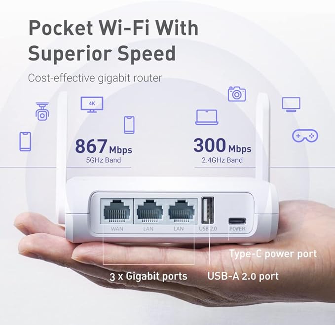 GL.iNet GL-SFT1200 (Opal) Portable WiFi Travel Router, Mini VPN Wireless Router for Fiber Optic Modem, Mobile Internet WiFi Repeater, Dual Band Openwrt Computer Routers, Home/Business/RV/Cruise