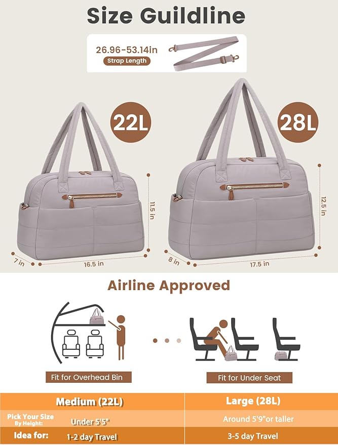 Travel Duffle Bag,Puffer Carry On Duffel Bag with Laptop Compartment Waterproof Overnight Weekender Bags for Women Large Hospital Tote Bags for Labor and Delivery(Large,Khaki Gray)