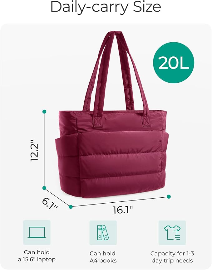 BAGSMART Tote Bag for Women, Lightweight Puffy Tote Bag with Compartments Shoulder Bag Handbag for Travel, Work, Gym,
