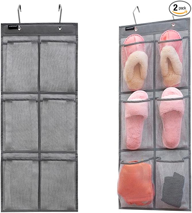 2 Pack Minimalist Black Over The Door Hanging Closet Shoe Holder Organizer with 6 Pockets (Mesh Pockets)