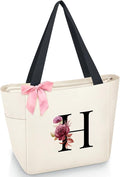 Vavabox Tote Bag, A-Z Initial Monogrammed Waterproof Tote Bag, Bridesmaid Gifts for Women, Black and Pink