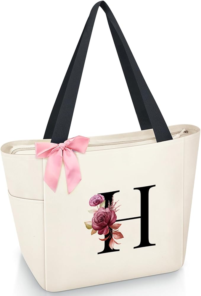 Vavabox Tote Bag, A-Z Initial Monogrammed Waterproof Tote Bag, Bridesmaid Gifts for Women, Black and Pink