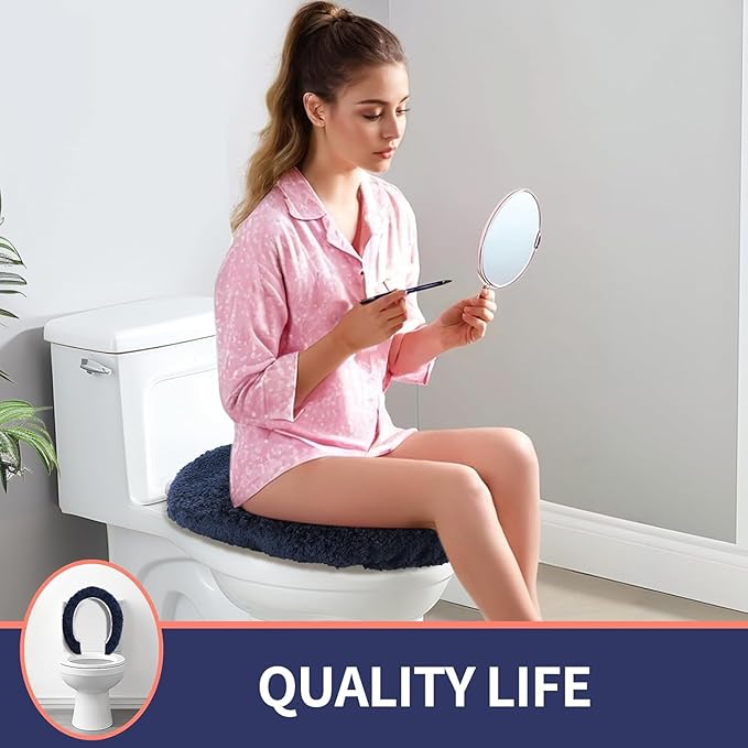 Microfiber Elongated Toilet Seat Cover 19.5"x 15" Machine Washable Solid Toilet Lid Cover Adjustable Rubber Backing Fits Most 18-19.5" L x 14-16" W Elongated Toilet Seat