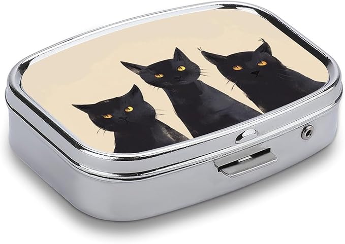 Metal 2 Compartment Pill Organizer Travel Friendly Portable Compact Pill Box Cute Pill Case to Hold Vitamins,Fish Oil,Supplements,Meds,Tablet for Purse,Pocket. (Three Cats)