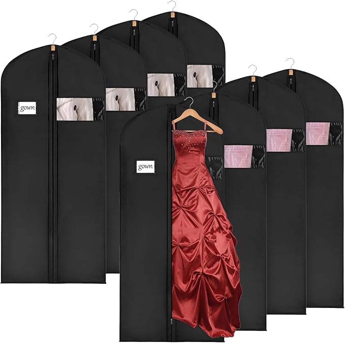 Syeeiex 60'' Garment Bags for Hanging Clothes, Set of 8 Dress Bags for Gowns, Dress Garment Bags for Gowns, Evening Dresses, Fur Coat, Long Dress(Black)