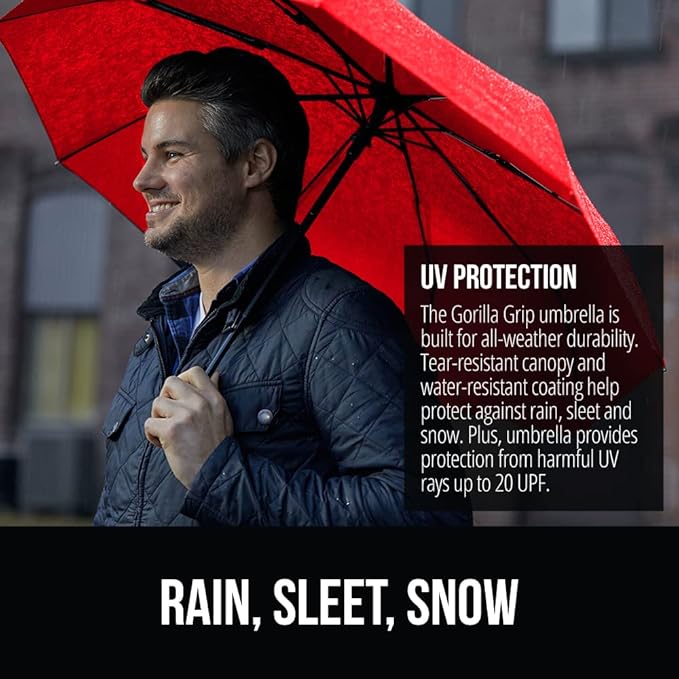 GORILLA GRIP Strong Stick Umbrella for Rain, Compact Travel One-Click Automatic Open Close, Lightweight, Portable, US Designed Reinforced Fiberglass Ribs, Wind Resistant, Easy Collapse, Red