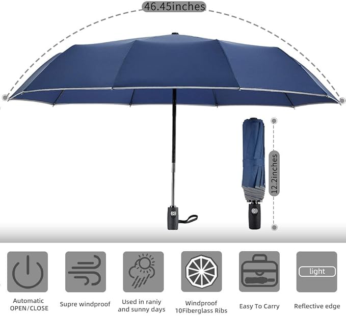 FDJASGY Windproof Travel Umbrella with Teflon Coating Auto Open Close Lightweight Sun&Rain Umbrella with 10 Rib Construction and Reflective Stripe Zipper Pouch