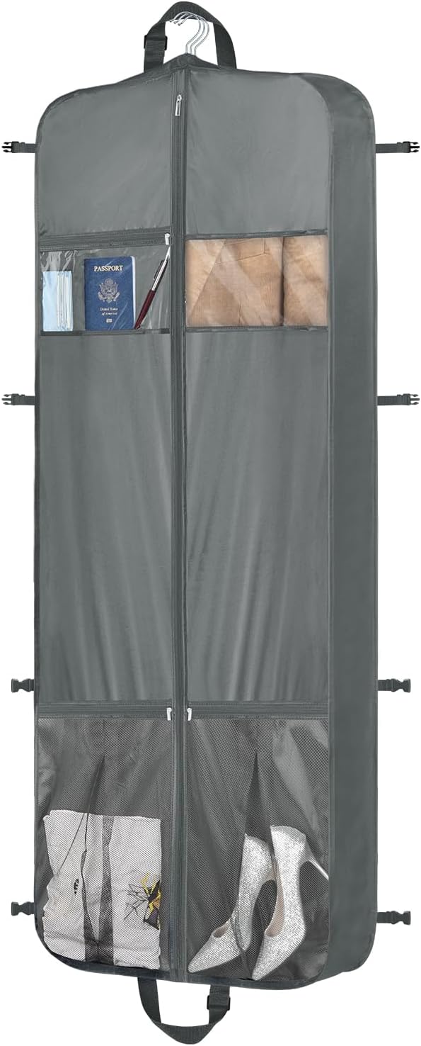 Zilink 60" Long Garment Bags for Travel Waterproof Dress Bags for Gowns Hanging Dress Bags for Closet Storage with Adjustable Handles and Stable Buckles for Dresses Suit Coats Tuxedos, Grey