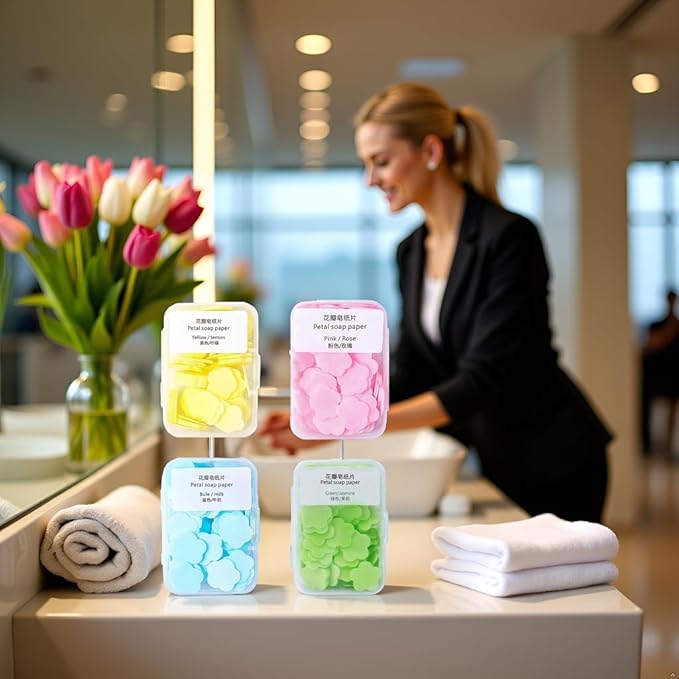 4 Boxes Paper Soap, 4 Different Scented Mini Fresh Portable Disposable Petal Hand Wash Sheets, Dissolvable Hand Bath Soap, Suitable for Outdoor, Travel, Camping (Approx 400 Sheets)