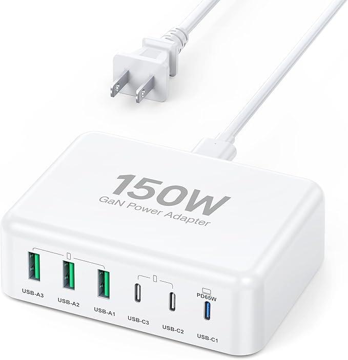 USB C Fast Charger, 150W 6 Port Desktop PD GaN Fast Charger Charging Station Block 65W USB C Laptop Power Adapter for MacBook Pro/Air iPad iPhone 17 16 15 14 13 Pro Max Galaxy S24 Note 20 Pixel