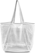 Beach Bags for Women, Foldable Mesh Tote Bag with Mini Pocke, Womens Shoulder Handbag for Travel Beach, White, Large, White