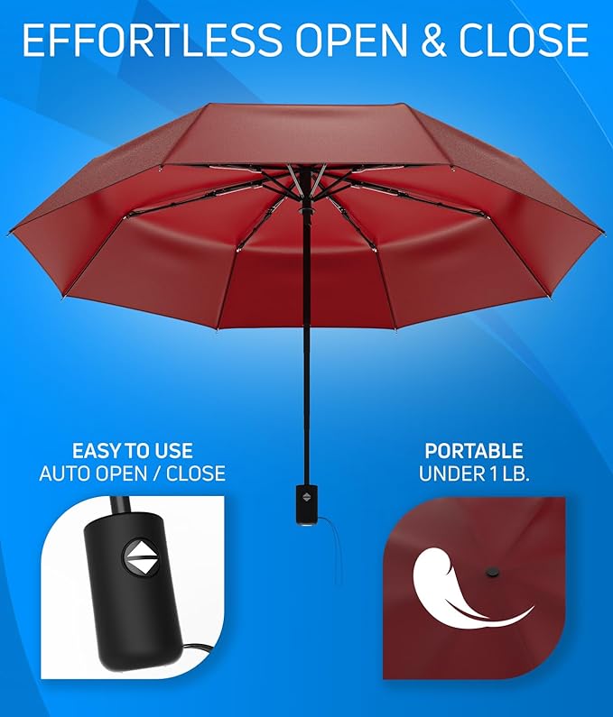Rain-Mate Windproof Compact Umbrellas for Rain - Strong Reinforced Fiberglass Rib Design & Auto Open & Close - Portable Folding Travel Umbrella - Lightweight & Packable for Women & Men, Easy Collapse