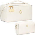 Birthday Gifts for Women Teen Girl, Personalized Initial Makeup Organizer Bag Set, Open Flat Travel Cosmetic Bag With Clear Divider and Handle(Beige,S)