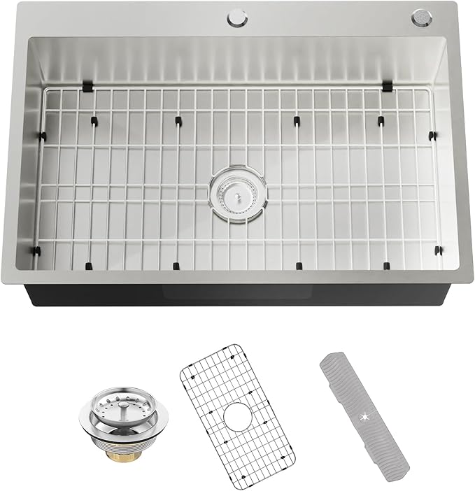 Stainless Steel Drop In 33x22 Inch Kitchen Sink - Modern Large Single Bowl Topmount Kitchen Sink Come With SS Grid,Silicon Mat,Drain Strainer Set Compatibility With Various Kitchen Styles