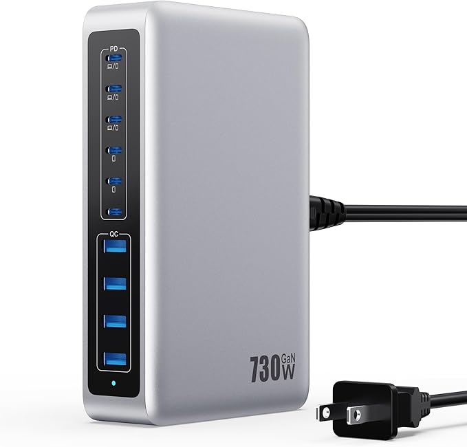 730W USB C Charger Block,GaN IV Fast Charging Station Hub 10 Ports,QC4.0+3 PD 100W USB C Laptop Charger Ports Power Adapter Compatible with MacBook Air/Pro,DELL,iPhone 16/15/14/13,iPad,Steam Deck