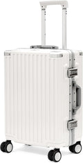 UrbanExplorer 20 Inch Carry On Luggage Aluminum Frame Airline Approved, Zipperless Luggage Carry On TSA Approved ABS+PC Hard Shell Suitcases, Lightweight Carry-On Suitcase with Cup Holder, White