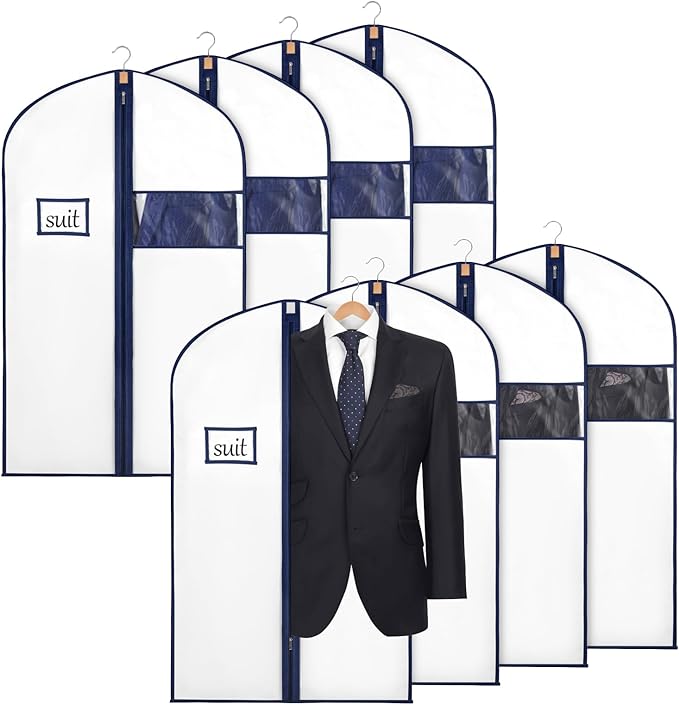 Syeeiex 40" Suit Bag(Set of 8), Garment Bags for Hanging Clothes, Suit Bags for Closet Storage, Garment Bags for Suits, T-shirts, Jackets, Coats, Business Wear(White & Dark Blue)