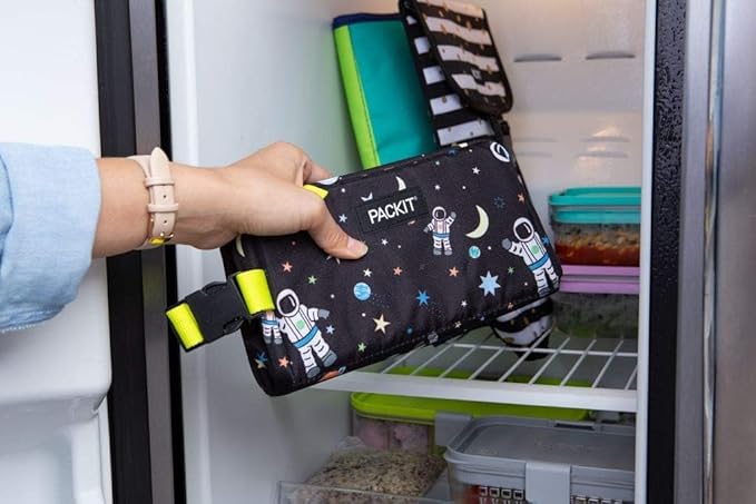 PackIt Freezable Snack Box, Spaceman, Built with ECOFREEZE Technology, Collapsible, Reusable, Zip Closure with Buckle Handle, Great for All Ages and Fresh Snacks on the go