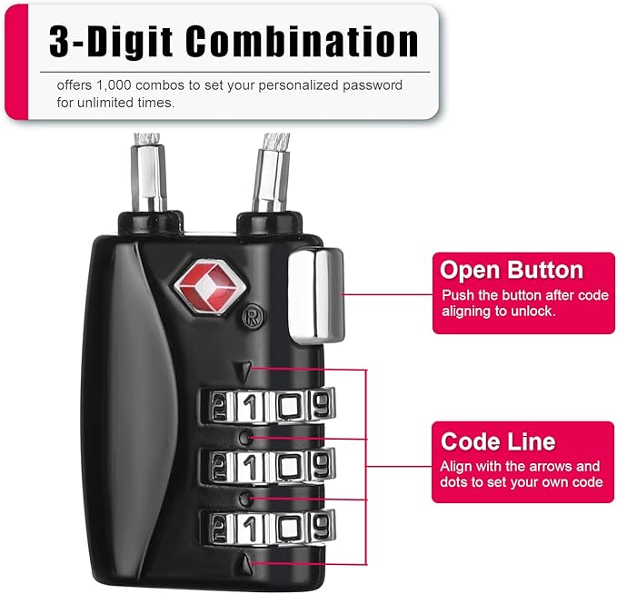 ZHEGE TSA Wire Lock 2 Pack Cable Luggage Lock with Alloy Body for Suitcase, Baggage, Backpack, Pistol Case (Black & Red)