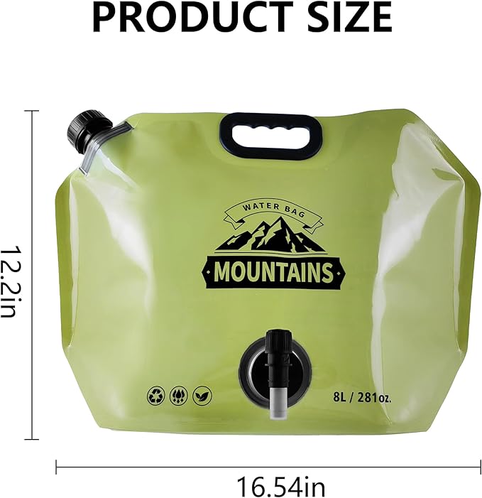 Collapsible 8L Water Storage Bag, BPA-Free Portable Folding Water Jug with Adjustable Faucet, Leakproof Emergency Water Bag for Camping, Hiking, Riding, Outdoor Sport (GREEN, 4)
