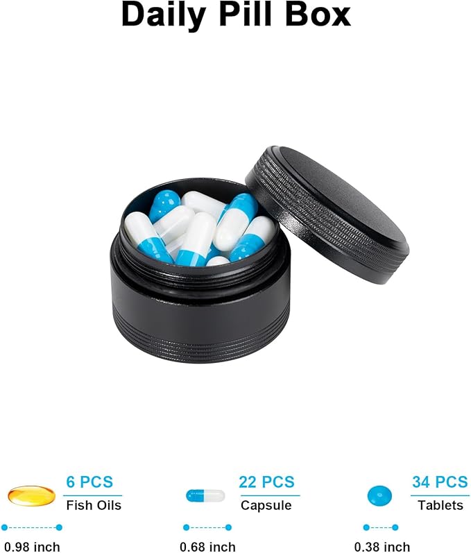 XHT Small Round Black Pill Box - Single Waterproof Portable Pill Container for Pocket & Purse, Travel Medicine Organizer, Compact Aluminum Pillbox Holder for Medication, Fish Oil