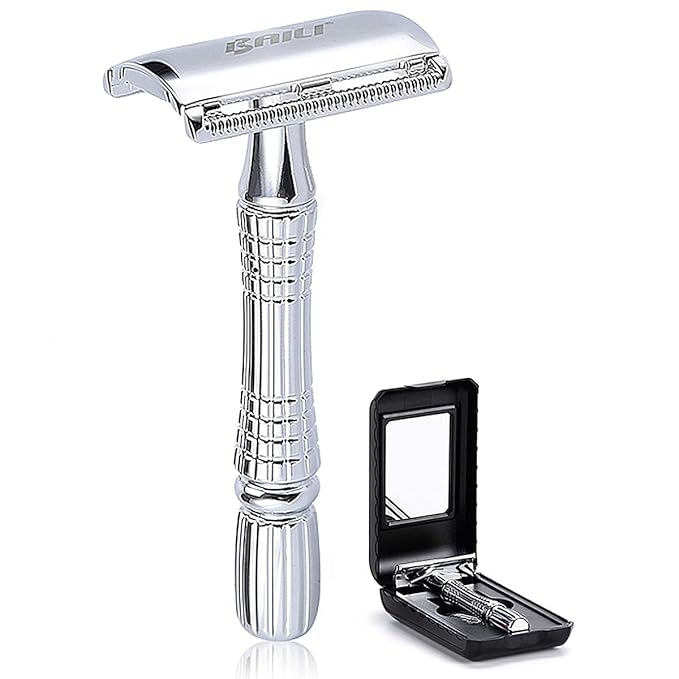 BAILI Classic 3-Piece Double Edge Safety Razor Wet Shaving for Men Women with Platinum Blade and Mirrored Travel Case BD176
