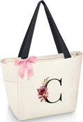 Vavabox Tote Bag, A-Z Initial Monogrammed Waterproof Tote Bag, Bridesmaid Gifts for Women, Black and Pink