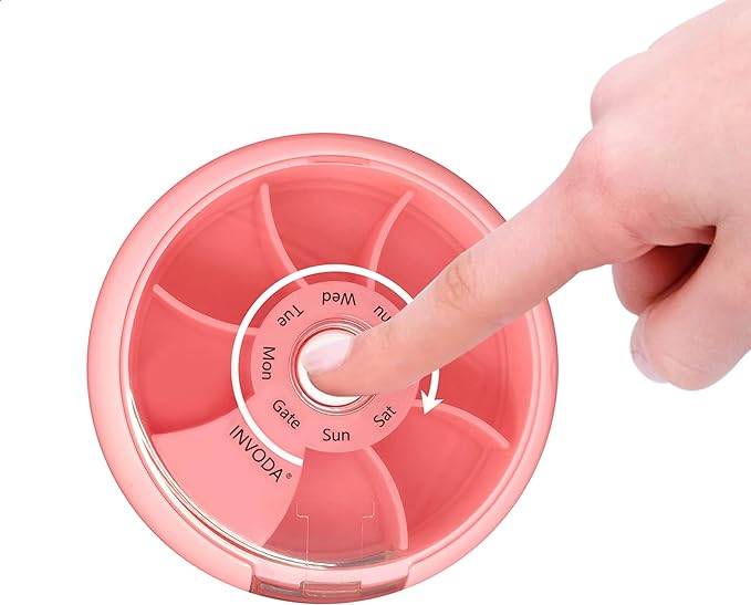 INVODA Weekly Pill Organizer 7 Compartment Rotating Pill Box for Daily Medication & Vitamins - Portable Travel Pill Case Fish Oil Supplements Vitamins Organizer (Pink+Sky Blue+Green)