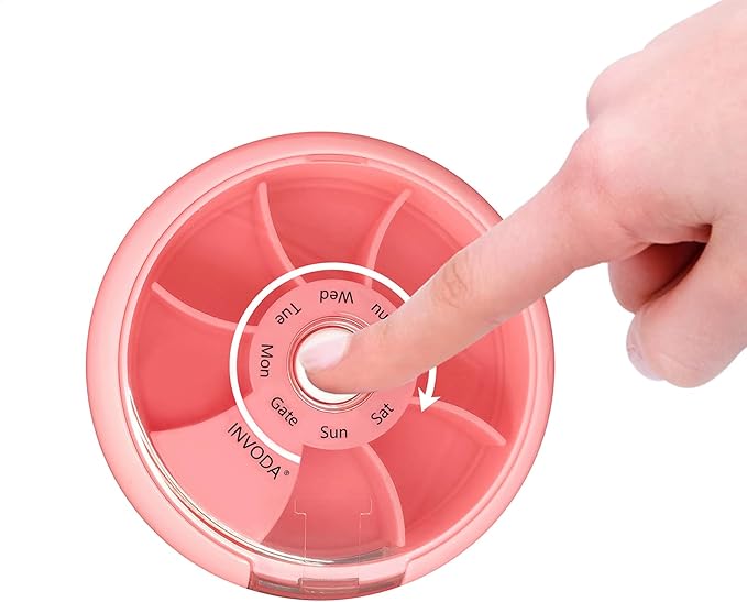 INVODA Weekly Pill Organizer 7 Compartment Rotating Pill Box for Daily Medication & Vitamins - Portable Travel Pill Case Fish Oil Supplements Vitamins Organizer (Pink+Green)