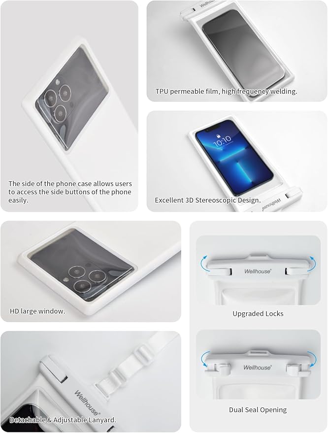 wellhouse Waterproof Phone Pouch, Waterproof Phone Case for iPhone 16 15 14 13 12 Pro Max XS Samsung, IPX8 3D Cellphone Dry Bag Beach Essentials (1 Pack - White8.0, 8 inch)