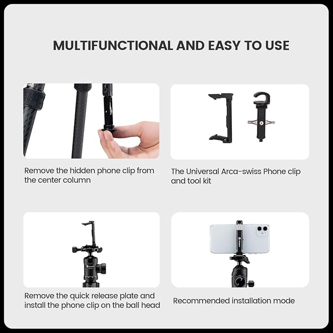 Fotopro 60" Carbon Fiber Tripod, Compact Lightweight Travel Tripod for DSLR Camera, Camera Tripod with Ballhead Quick Release Plate Carry Bag, with Detachable Monopod, Max Load 17.63lb