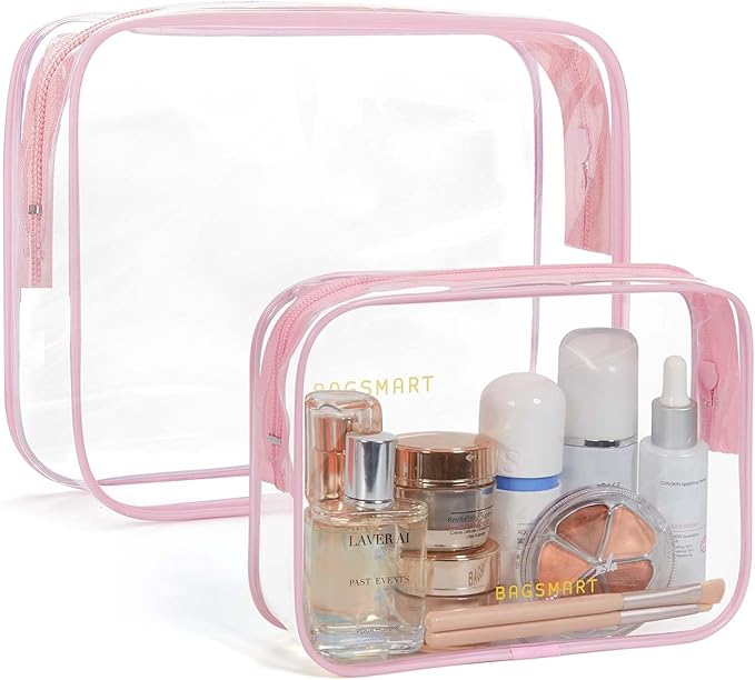 BAGSMART Clear Toiletry Bag, 2 Packs TSA Approved Water Resistant Quart Size Travel Organizer, 2 Sizes Airport Airline Travel Essential Carry On Makeup Cosmetic Bags for Women, Pink