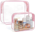 BAGSMART Clear Toiletry Bag, 2 Packs TSA Approved Water Resistant Quart Size Travel Organizer, 2 Sizes Airport Airline Travel Essential Carry On Makeup Cosmetic Bags for Women, Pink