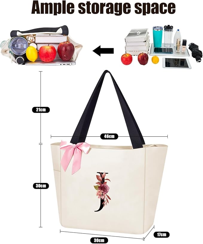 Vavabox Tote Bag, A-Z Initial Monogrammed Waterproof Tote Bag, Bridesmaid Gifts for Women, Black and Pink